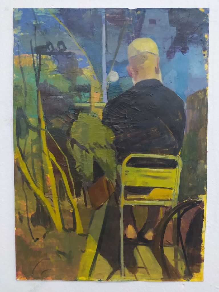 Michalis Kiousis, Lotte study, Acrylics and oils on paper mounted on wood, 29,7 x 42 cm, 2022