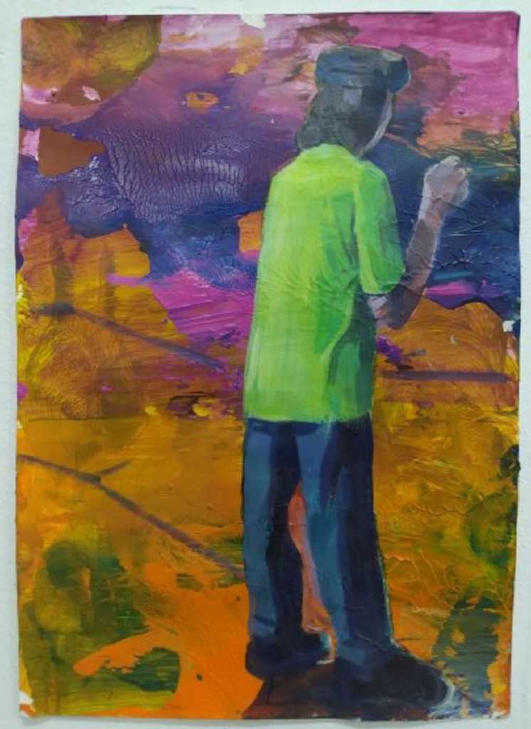 Michalis Kiousis, Le Chinois, Acrylics and oils on paper mounted on wood, 29,7 x 42 cm, 2022