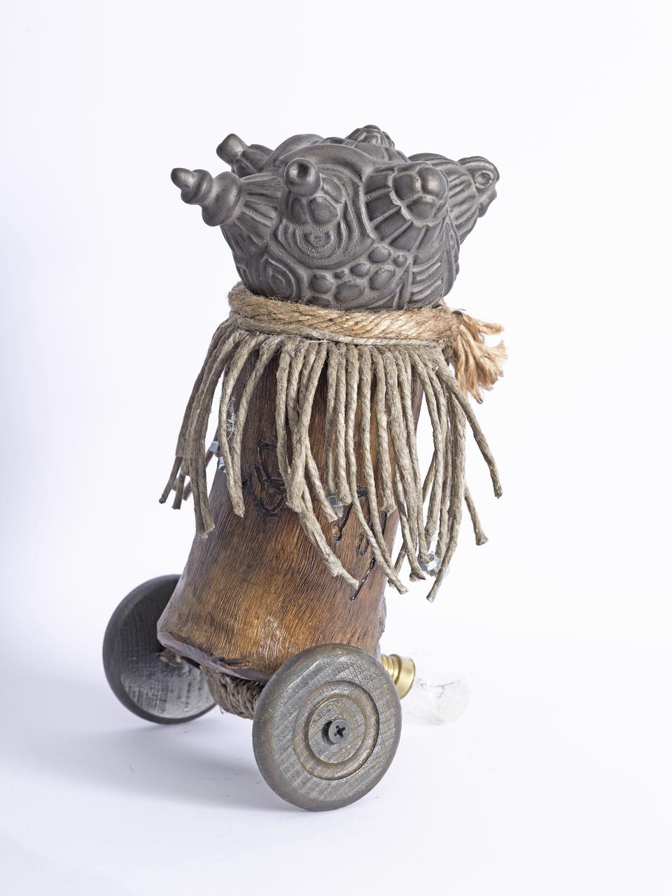 Marios Fournaris, Post-Industrial Artefact  Of The Intercultural Perception N.02,  ceramic, wood, iron, jute, electic bulb, 2016
