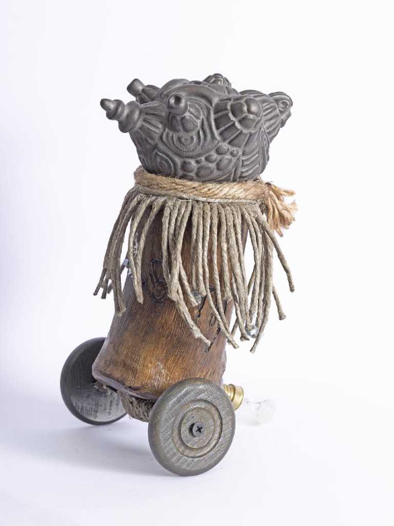 Marios Fournaris, Post-Industrial Artefact Of The Intercultural Perception N.02, ceramic, wood, iron, jute, electic bulb, 2016