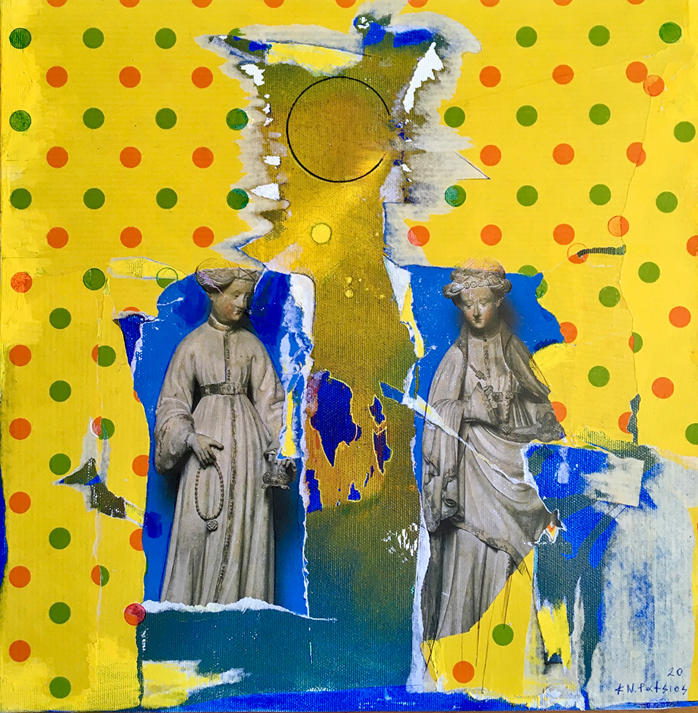 Konstantinos Patsios, Les Deux Magots, 2020, Collage on canvas, 40X40 cm