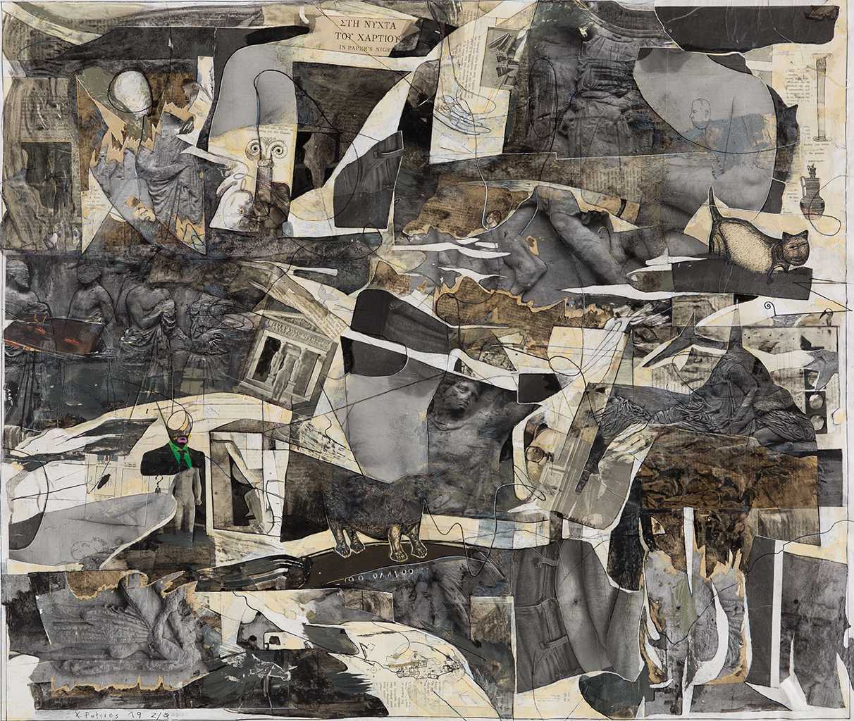 Konstantinos Patsios, The Night of the Pencils, 2020, Collage on canvas, 100X120 cm