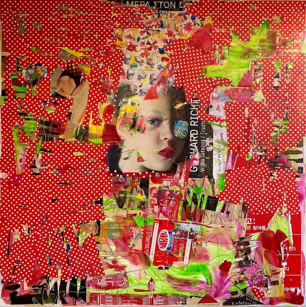 Konstantinos Patsios, La femme qyi chante a bouche fermee, Painting and collage on canvas, 150 x 150 cm