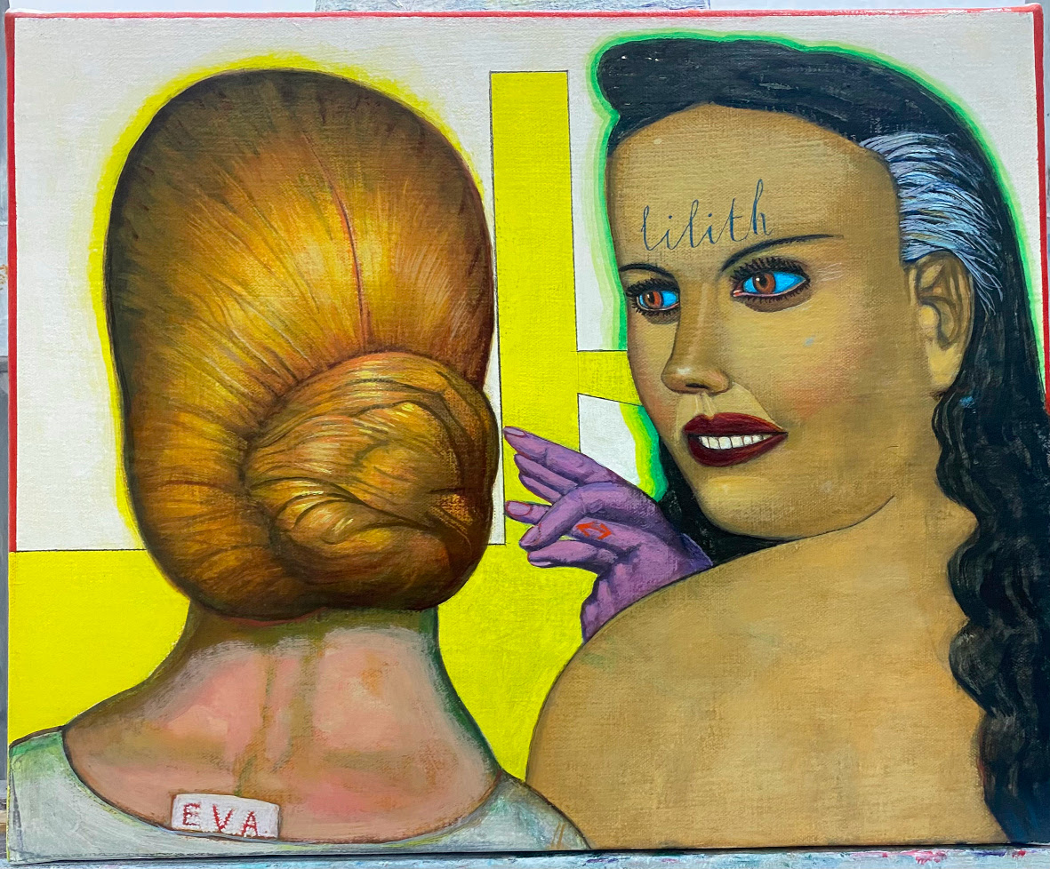 Pat Andrea, Eva & Lilith, Oil and casein on canvas, 34 x 40 cm, 2023