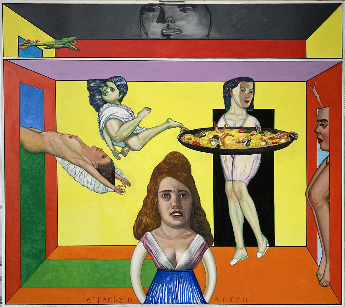 Pat Andrea, Elfenbein Armen, oils and caseine on canvas, 200 x 225 cm, 2023