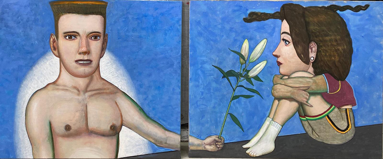 Pat Andrea, L'annonciation, oils and caseine, diptych, 60 x 70 cm, 2020