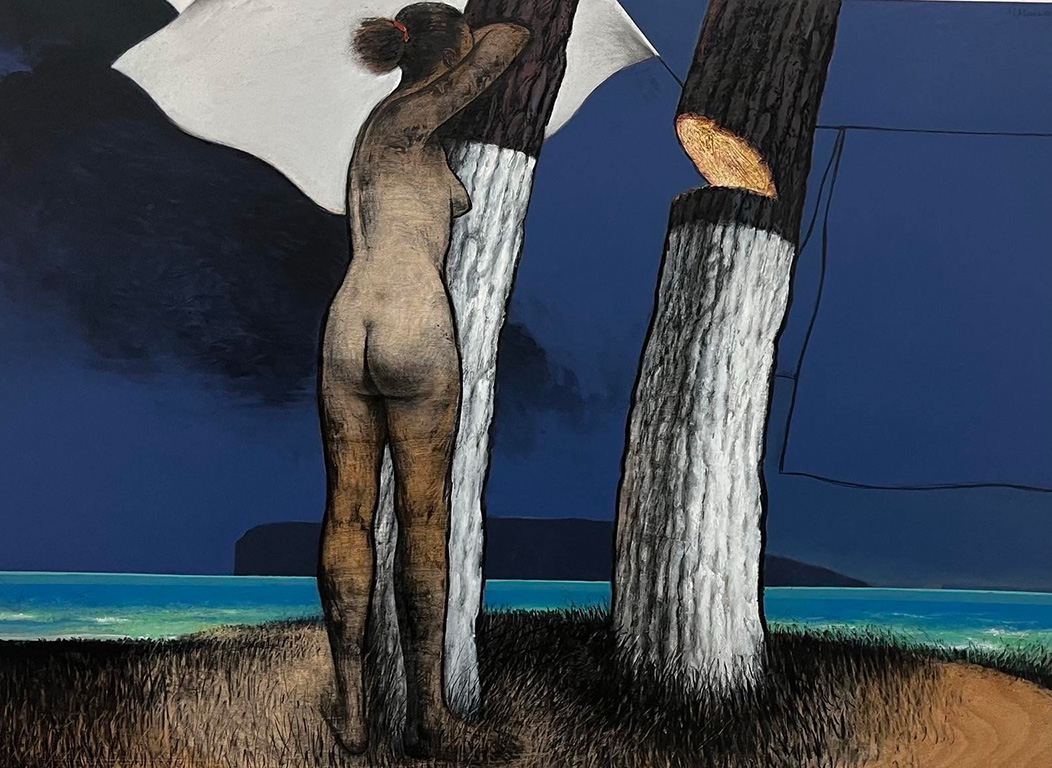 Mixalis Manoussakis, The sheets will carry away any moisture they contain in the salty breeze, leaving behind for us the light, a silent breath from deep gashes, surprising the day, Acrylics & Charcoal on mdf, 130 x 180 cm