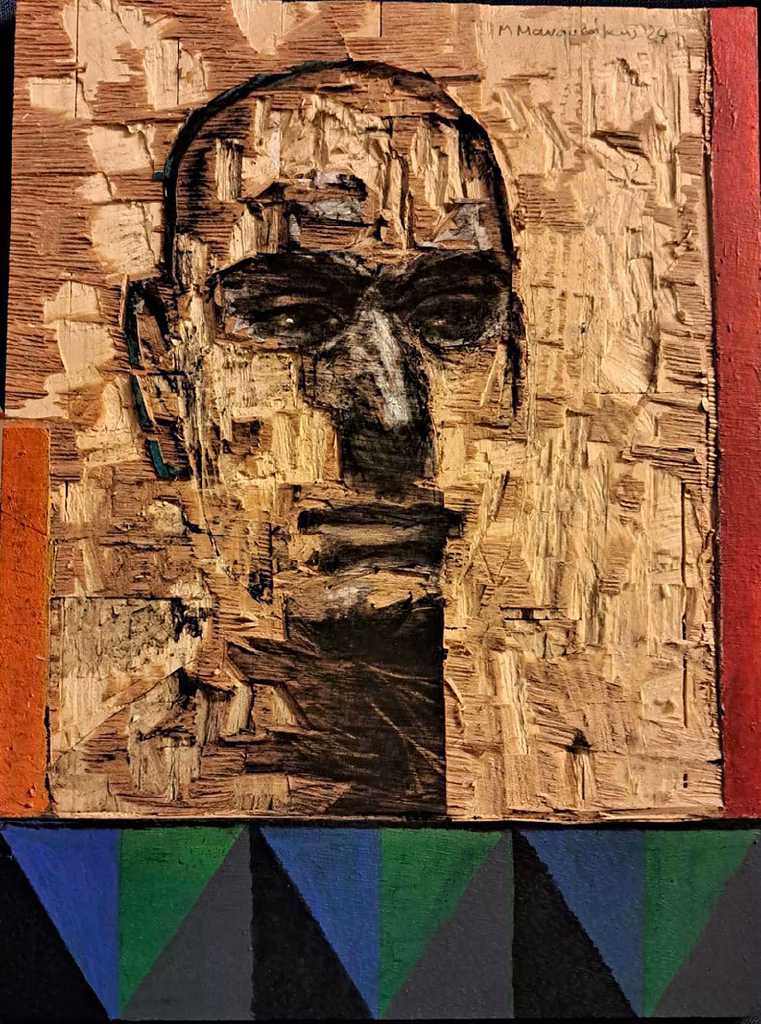 Mixalis Manoussakis, The wounds of the world travel on the empty surfaces of my dreams. There they settle, especially at night, like remaining ruins, reminding me of something from the lives of others, like funeral dirges or circular dances with endless light&hellip;., Acrylics & Charcoal on mdf, 35 x 30 cm