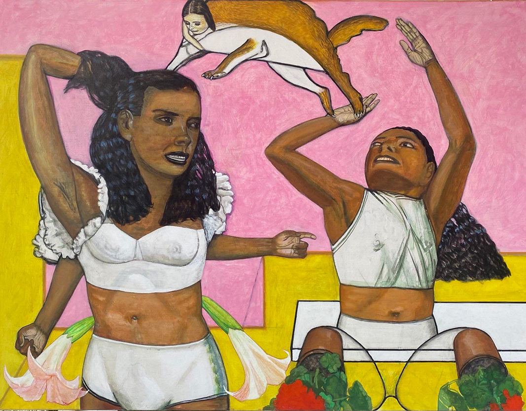 Pat Andrea, Two pretty girls, throwing the squirrel, Oil and Casein on Canvas, 90 x 115 cm