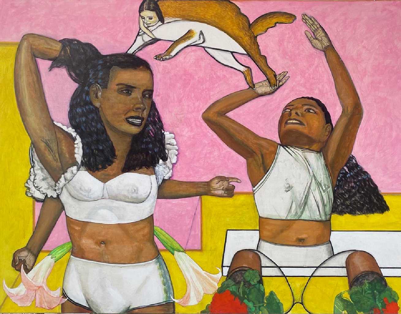 Pat Andrea, Two pretty girls, throwing the squirrel, Oil and Casein on Canvas, 90 x 115 cm