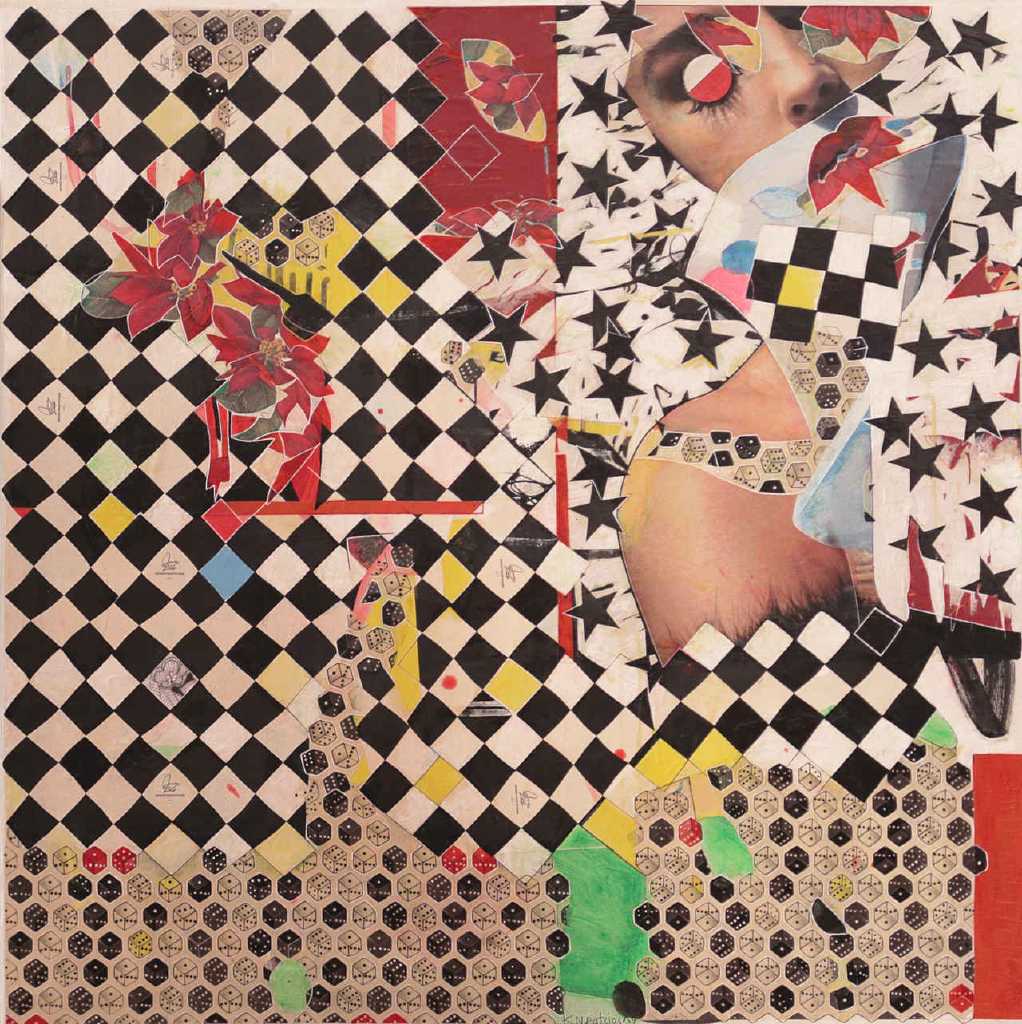 Konstantinos Patsios, L’ amour est un oiseau rebelle, 100 x 100 cm, mixed media on canvas, 2019