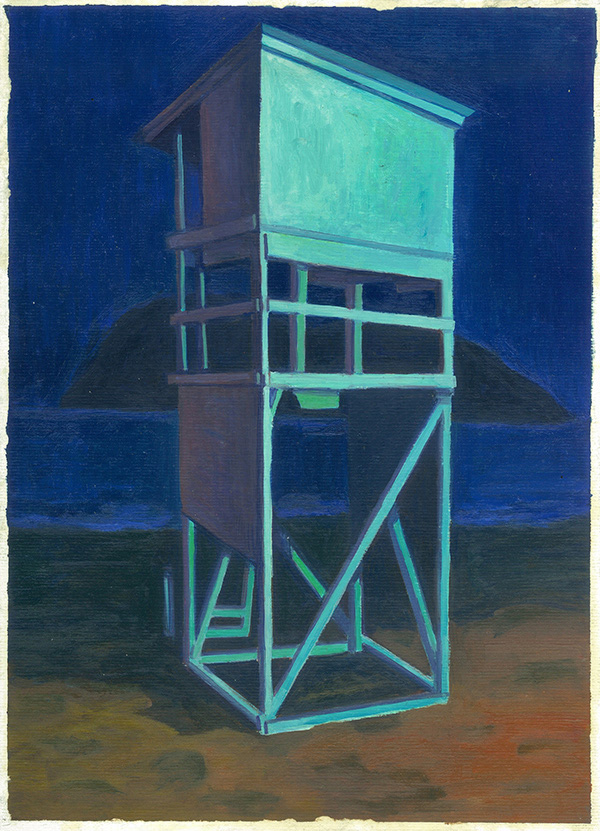 Michalis Kiousis Lifeguard Tower on Blue, 2021, Oils on paper mounted on wood, 30 x 40  cm