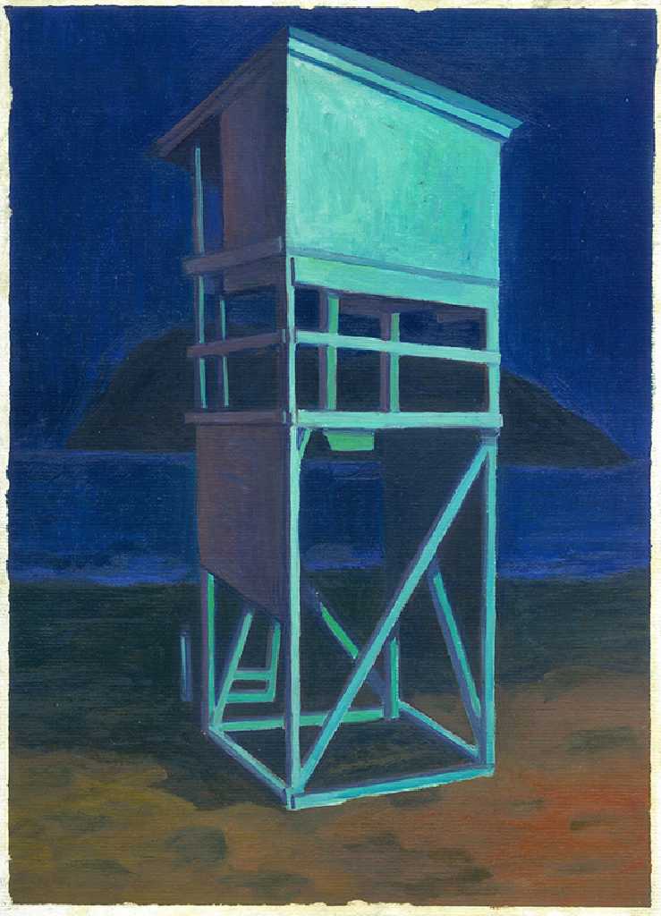 Michalis Kiousis Lifeguard Tower on Blue, 2021, Oils on paper mounted on wood, 30 x 40 cm