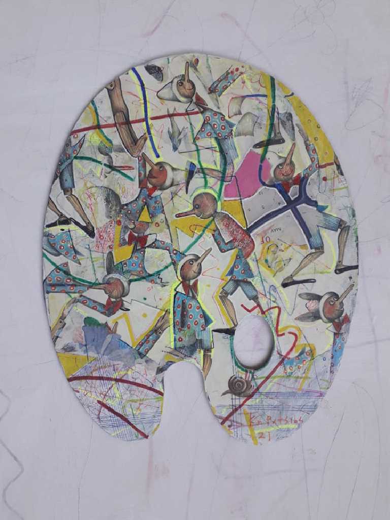 Konstantinos Patsios Raphael had a big nose, 2021, mixed media on canvas, 30 x 40 cm