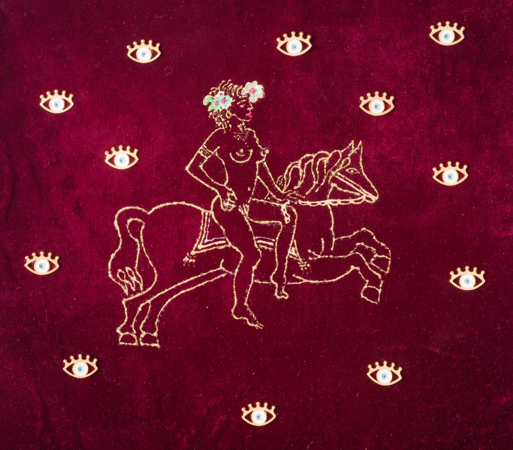 Lady Godiva ΙIΙ, glitter σε βελούδο, 32 x 36 cm, 2020