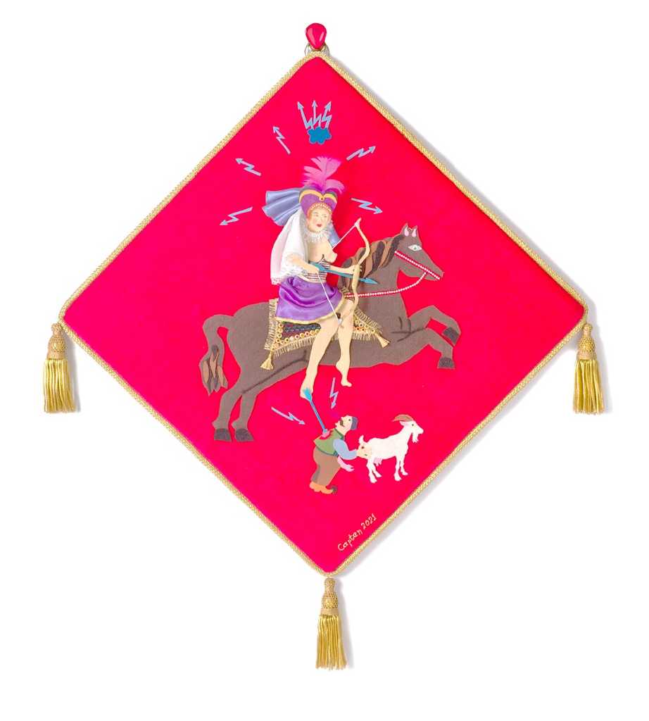 Lady Godiva I, μεικτή τεχνική (χρωματιστές τσόχες-fetrin σε βελούδο), 65 x 65 cm, 2020