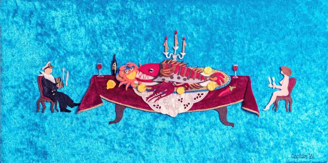Γυμνό Γεύμα Ι, μεικτή τεχνική (χρωματιστές τσόχες-fetrin σε βελούδο), 28 x 55 cm, 2021