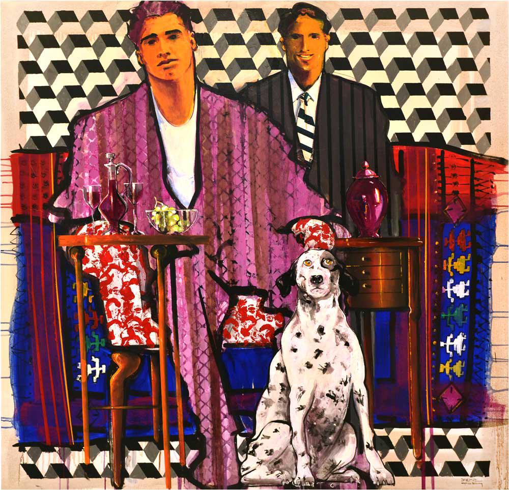 Carpets 2, Mr. Cemal Abd Al Aziz’s portrait, at his office in Dubrovnik-Croatia, with Danylko and the dog Roko  acrylic, gouache & oil on canvas, 140 x 140 cm, 2016