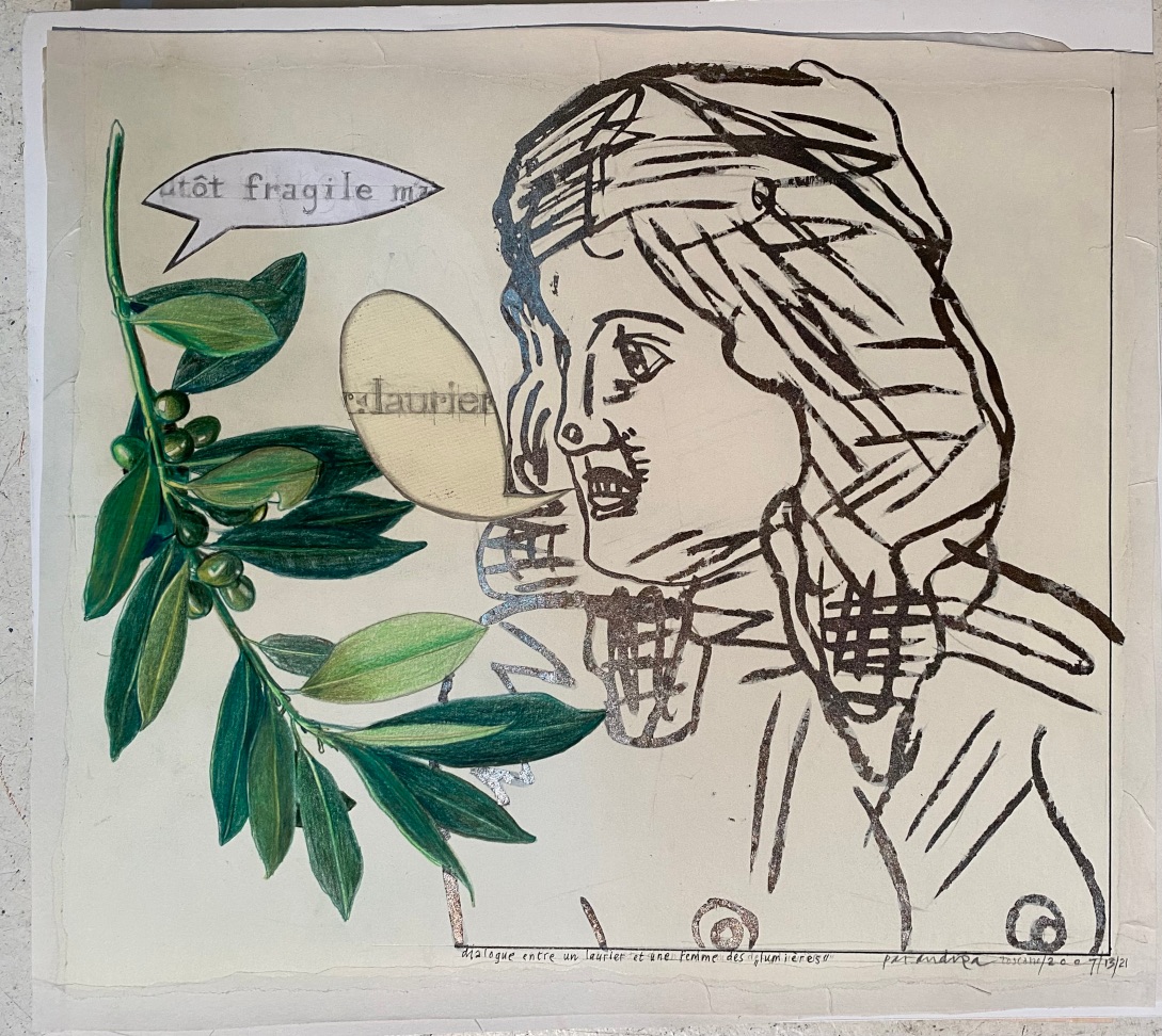 Dialogue entre un laurier et un femmer des lumieres, mixed media on paper, 40 x 45 cm, 2007-21