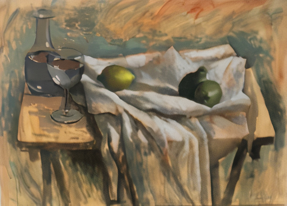 Still life with pears and wine, acrylics on canvas, 63x90 cm
