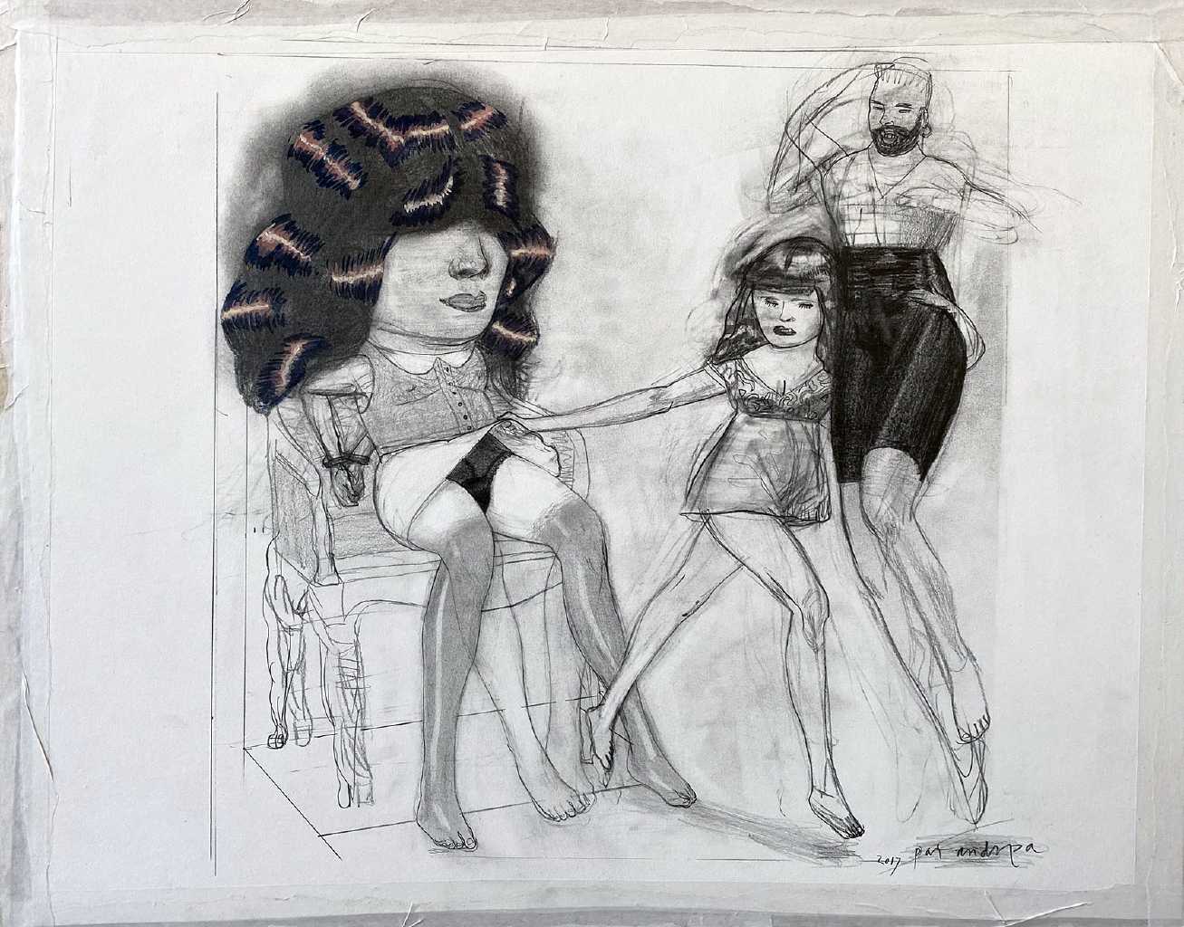 Pat Andrea, Soulever une jupe, mixed media on paper, 60 x 70 cm, 2017