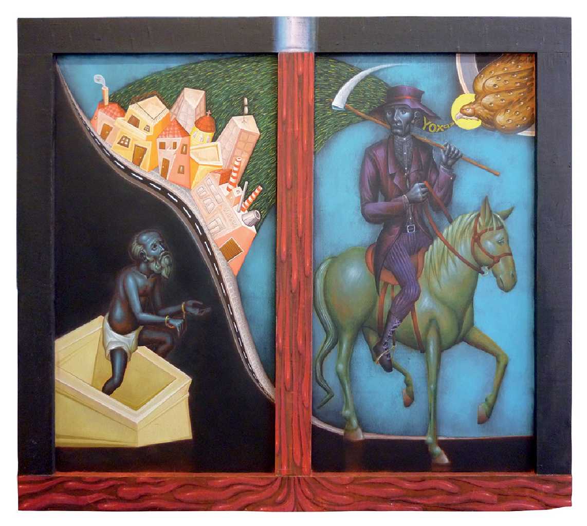 The Fourth Seal, 140 × 160 cm, Egg tempera, crayons, markers, pastels and acrylics on wood