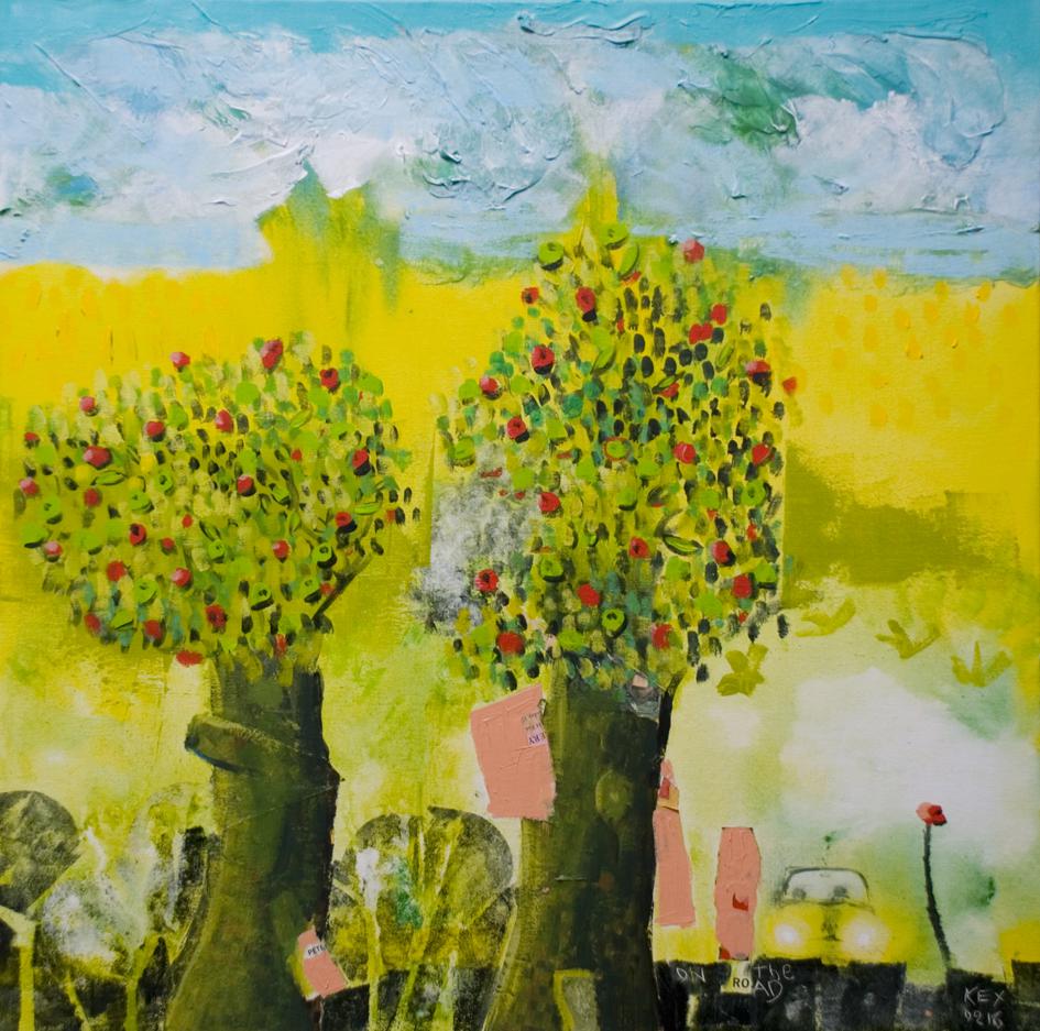 On the road, trees with fruit, 70 x 70 cm