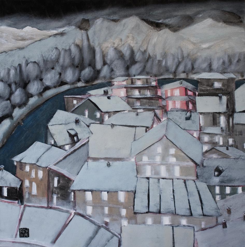 White Night Town by the River, 50 x50 cm