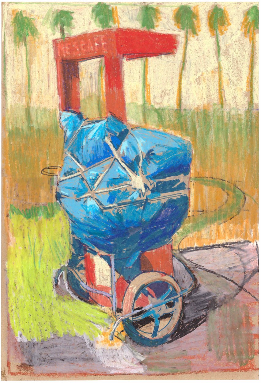 Nescafe en route, oil pastels and markers on paper, 30 x 42 cm, 2023