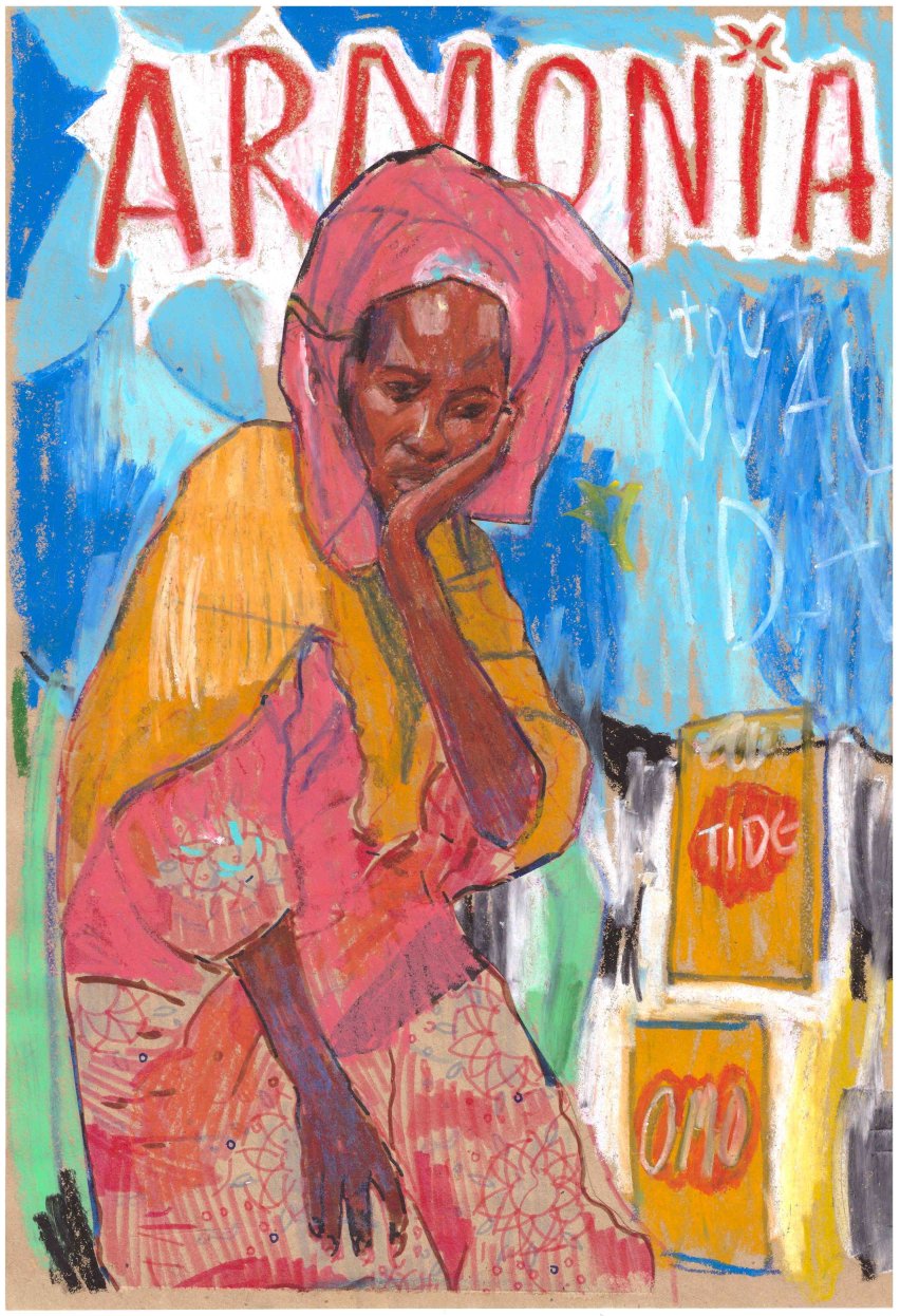 Khady, oil pastels and collage on paper, 30 x 42 cm, 2023