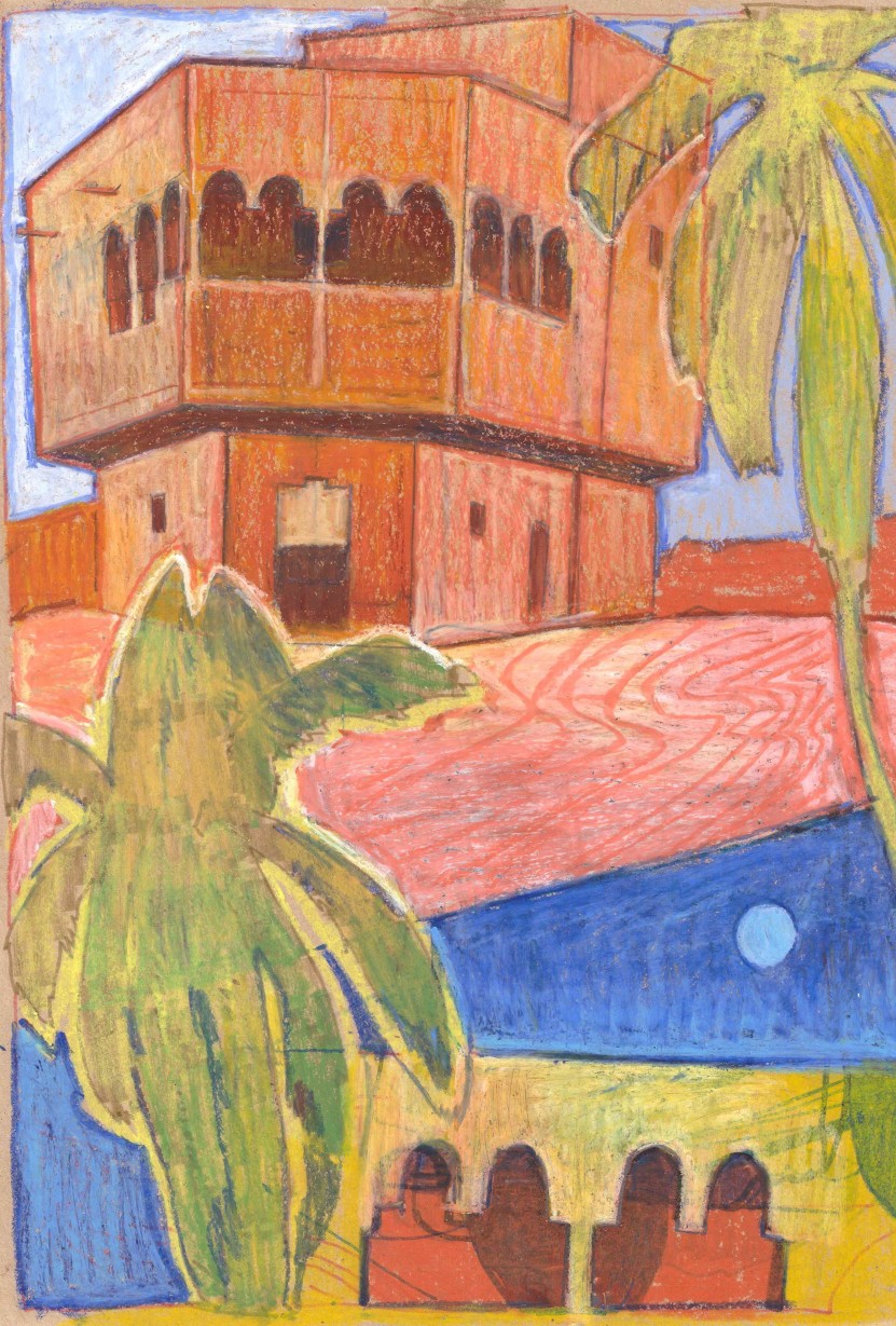 Dangou Est, oil pastels and markers on paper, 30 x 42 cm, 2023