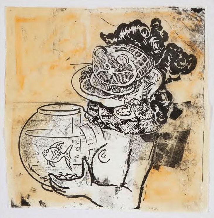 Steve Gianakos, Untitled Girl With Fihbowl, mixed media on paper, 51 x 52 cm, 1996 (Courtesy: AD Gallery)