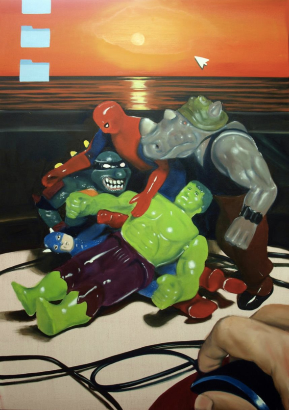 Andreas Spiliotopoulos, Toys and Sunset, oil on canvas, 150x100 cm, 2020