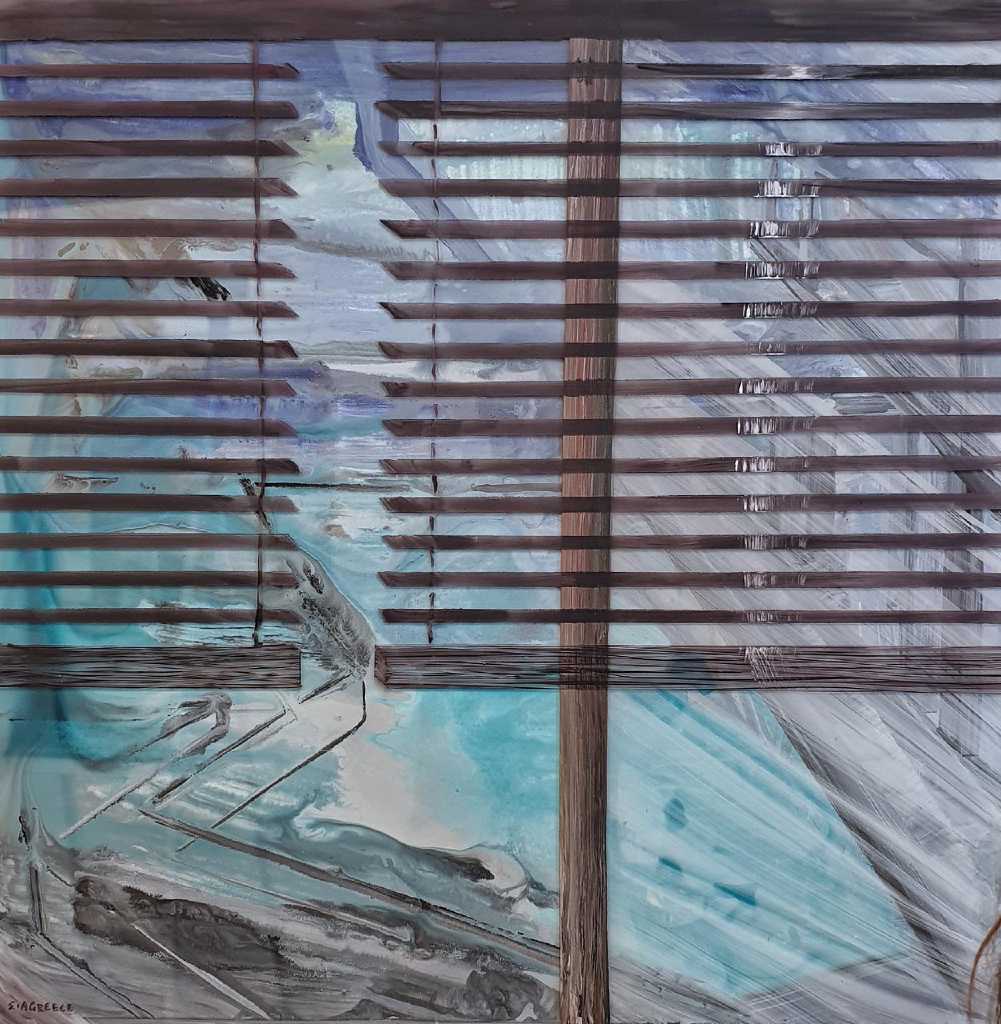 Panagiotis Siagris, Through the blinds, water based varnish color on canvas and plexiglass, 80 x 80 cm, 2015