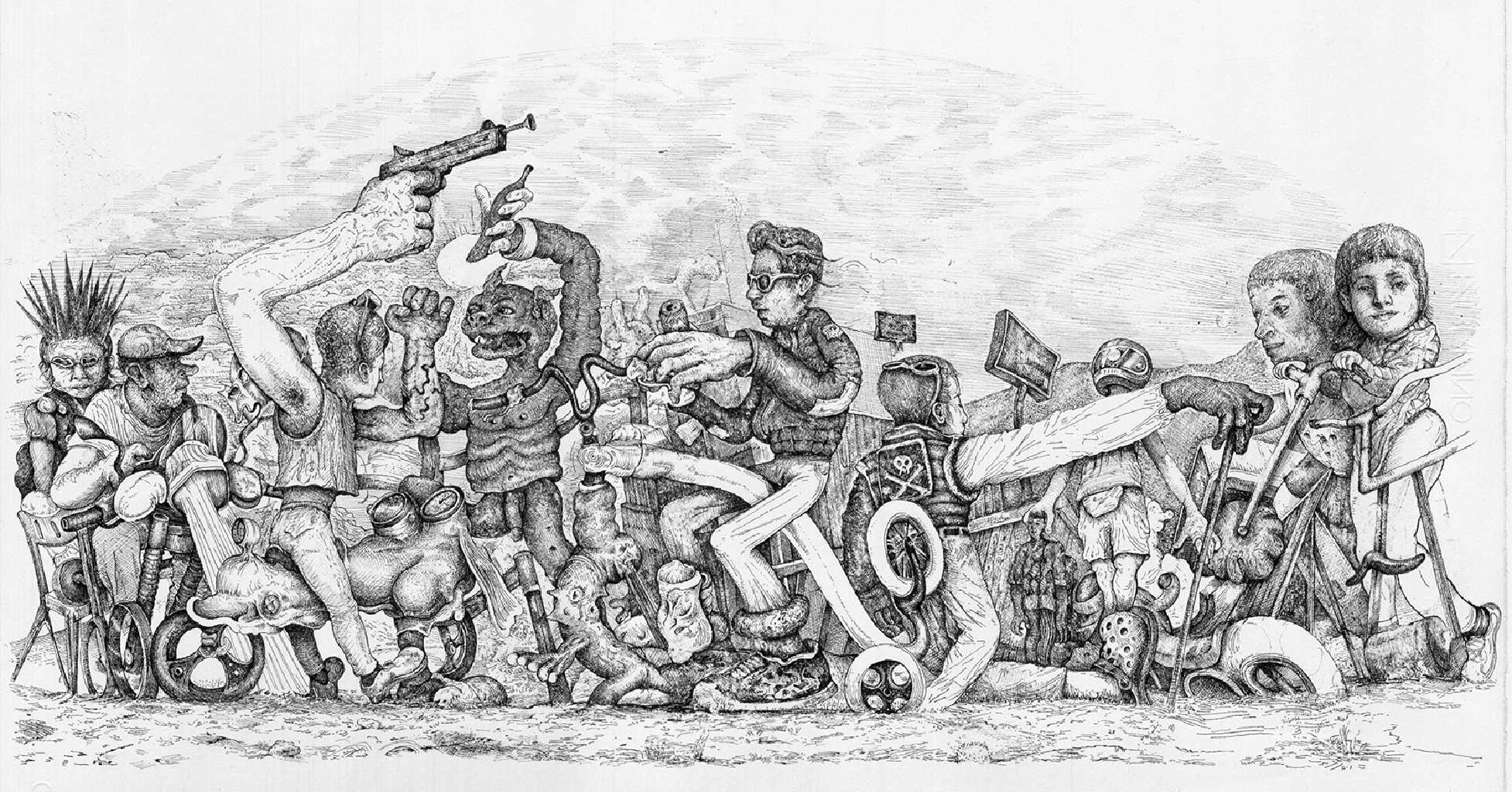 Tall bikes, ink on paper, 30 x 70 cm 2023