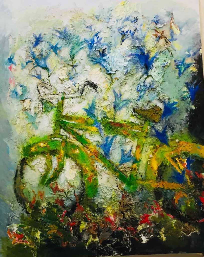Giannis Kottis, Bike with flowers, oil on canvas, 160 x 130 cm, 2019