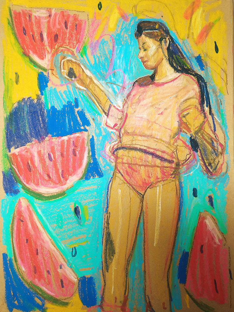 Michalis Kiousis, Pasteques, oil pastels on kraft paper, 30 x 40 cm, 2022