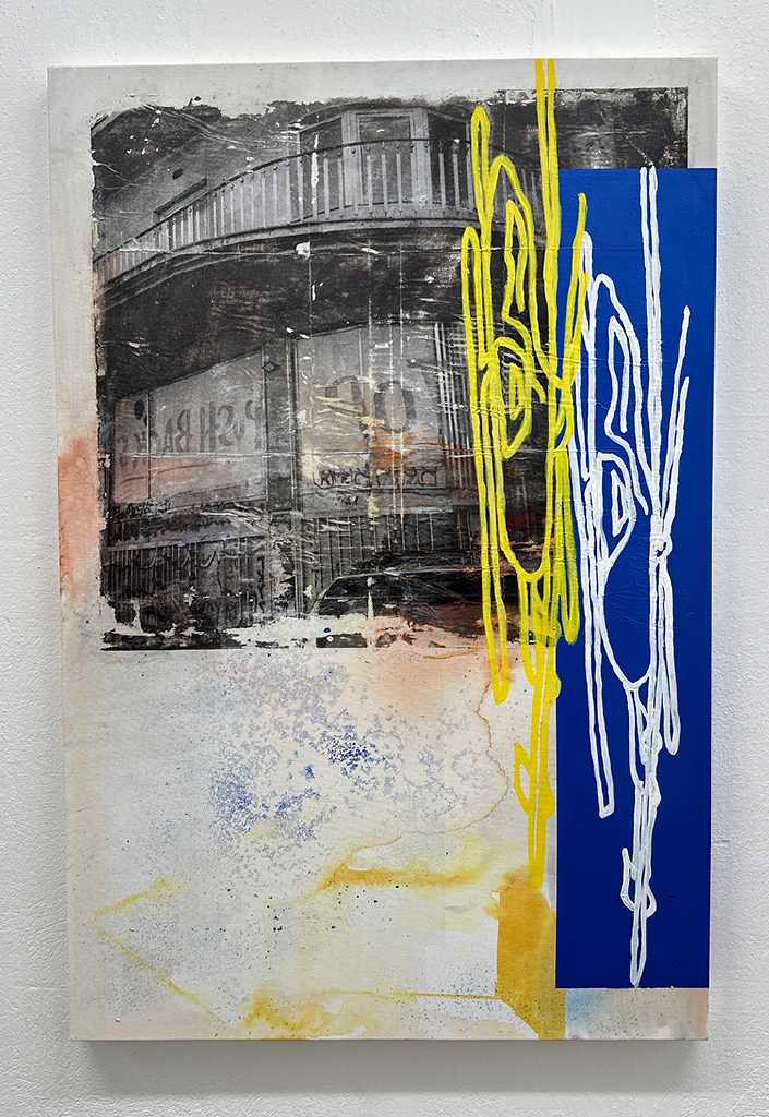 Konstantinos Grigoriadis-Zorbas,L.A1Photograph transfer, spray paint, and acrylics on canvas, 80 × 120 cm, Athens 2026