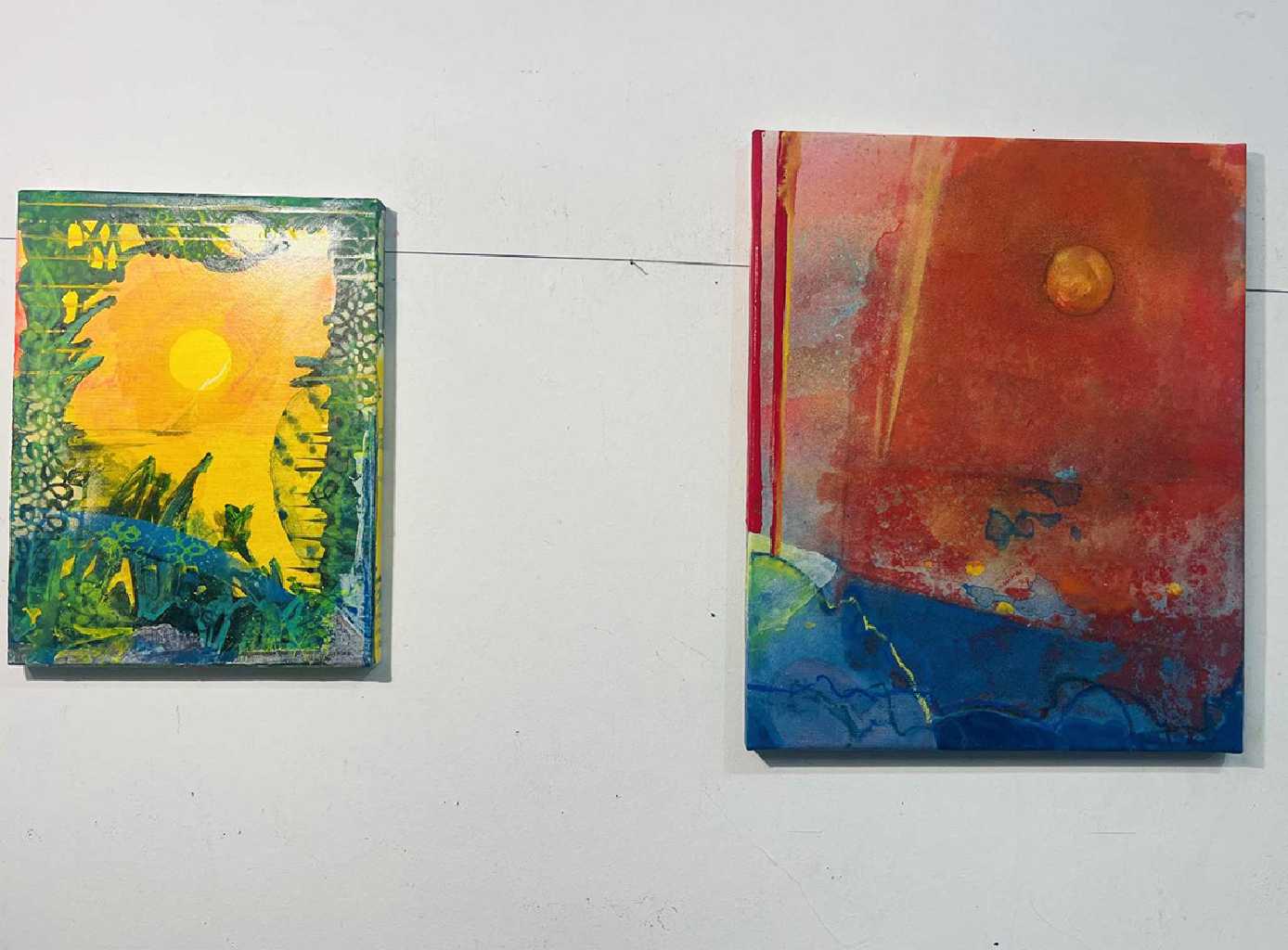 Manolis Charos, Yellow Moon & Red Moon, mixed media, 40 x 30 & 54 x 44 cm, 2025