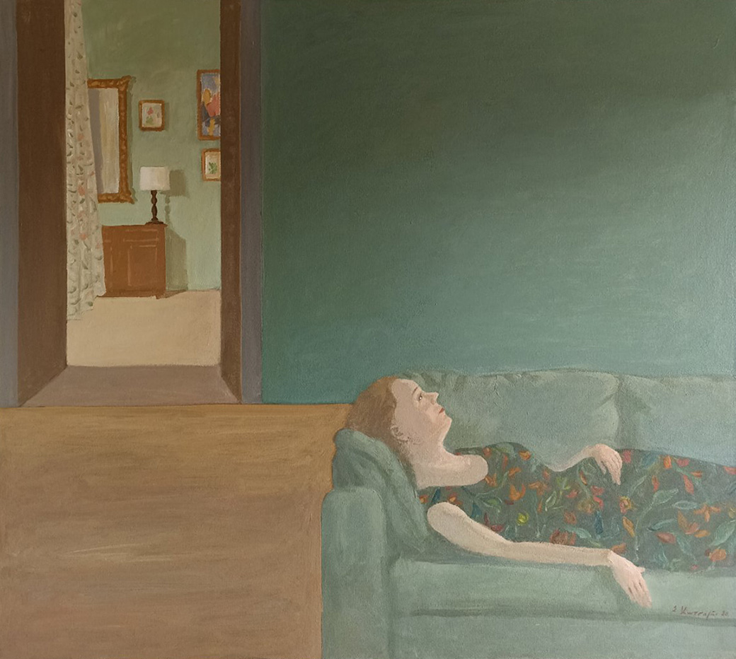 Spyros Kotsalas, Woman on couch, Acrylics on Canvas, 50 x 90 cm, 2021