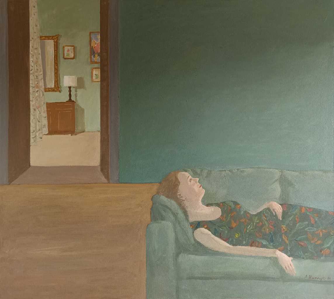 Spyros Kotsalas, Woman on couch, Acrylics on Canvas, 50 x 90 cm, 2021