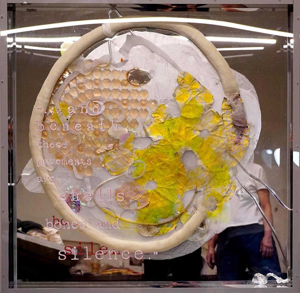 Katerina Mertzani, Walk Through Me, Collage, Acrylics, Paper and Tissue, 93 x 93 cm, 2024