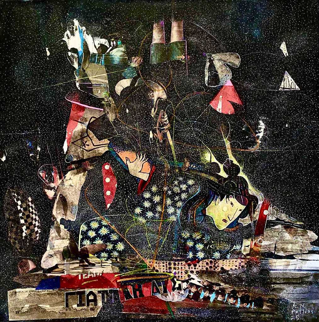 Konstantinos Patsios, Homo ludens, Painting and Collage, 70 x 70 cm, 2025