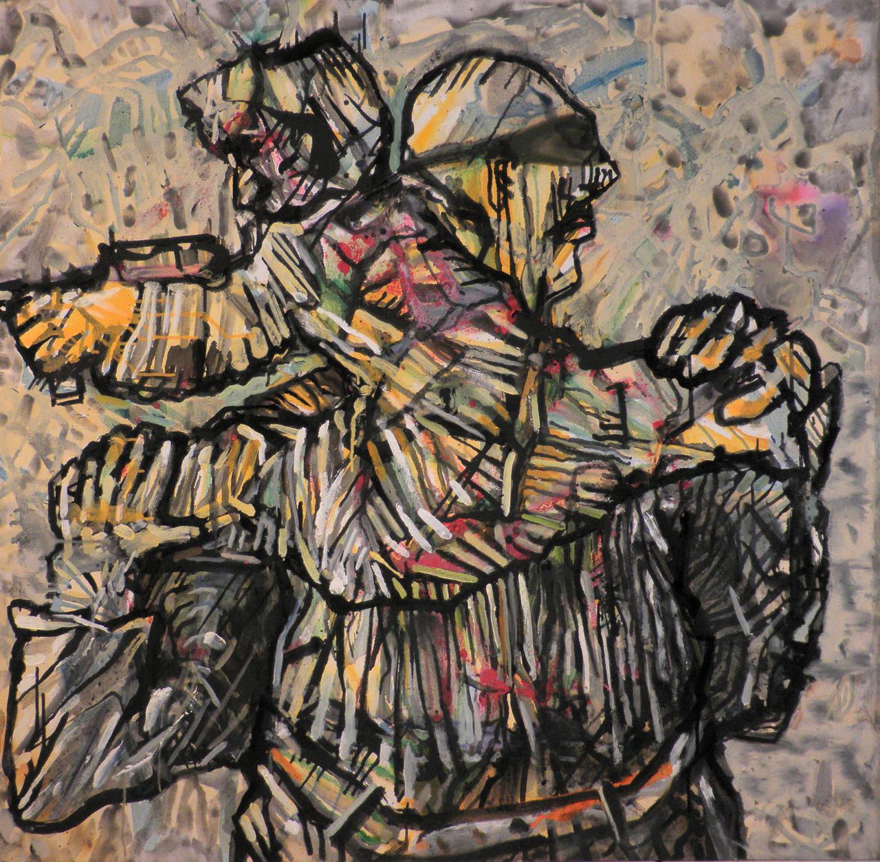alt=Haralabos Katsatsidis, Man and child in war zone, 1 m x 1 m, oil on canvas, 2018