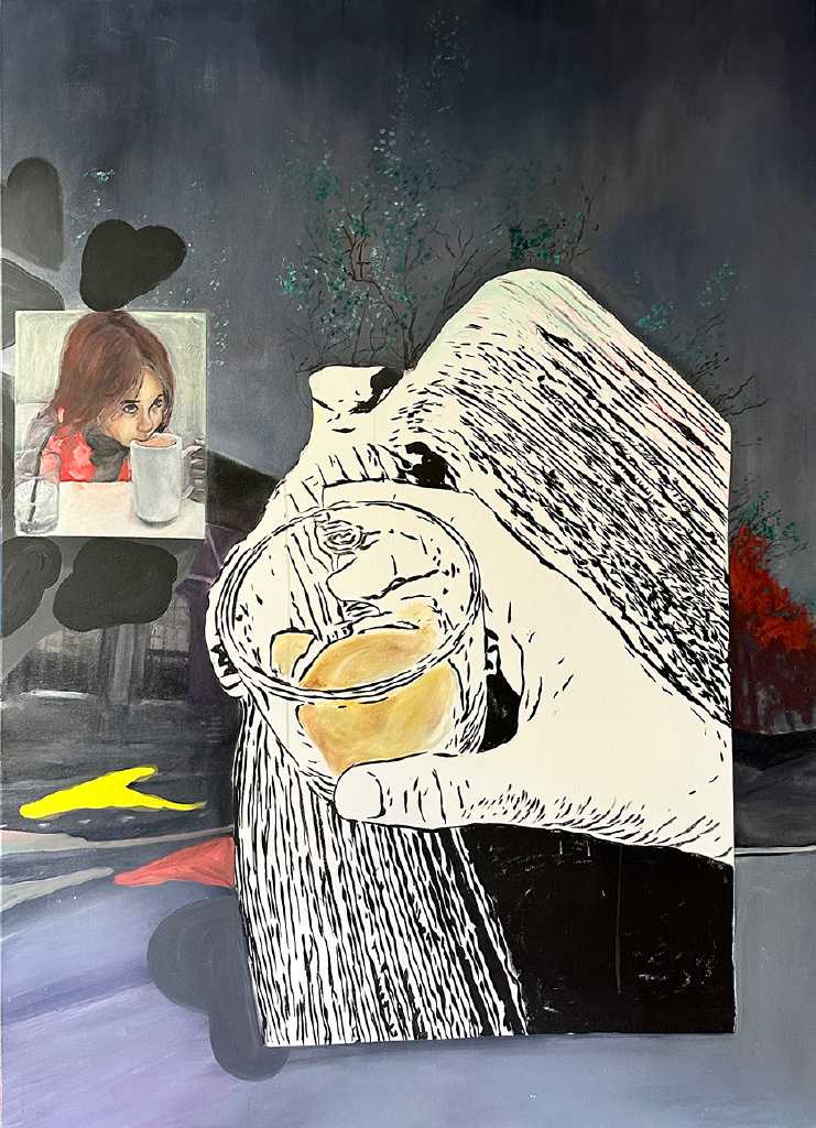 Good morning and goodnight, guesso, oil & acrylics on canvas, 180 x 130 cm, 2023-25