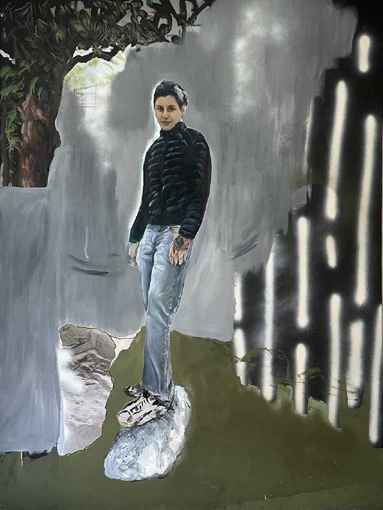 Restart, oil, guesso, acrylics & spray on canvas and adhesive mirror, 150 x 200 cm, 2024-25