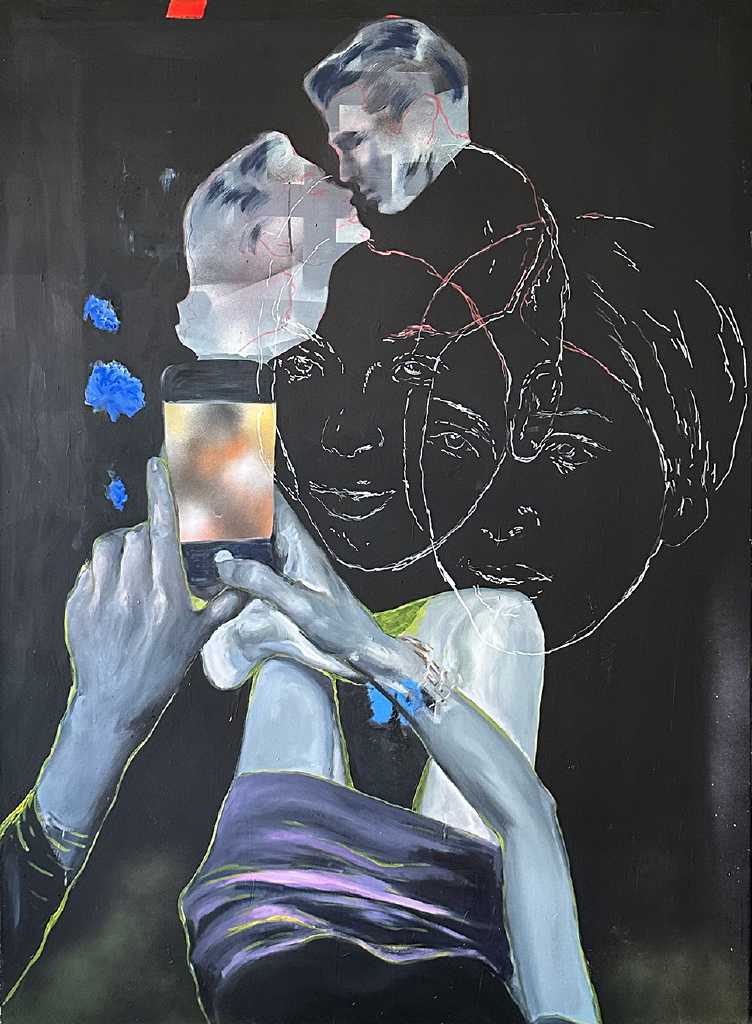 The perfect match, oil, guesso & spray on canvas, 110 x 150 cm, 2024-25