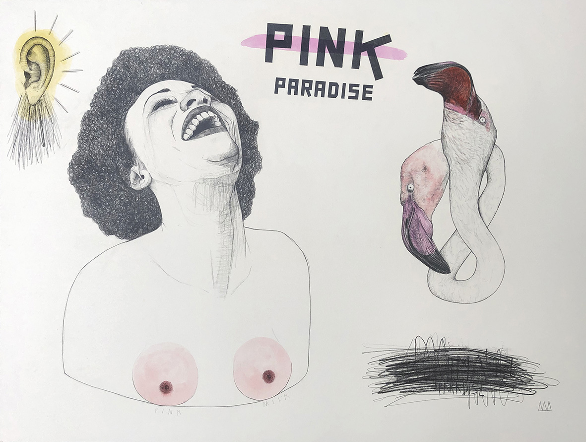 Pink Paradise, mixed media on paper, 60 x 80 cm2023