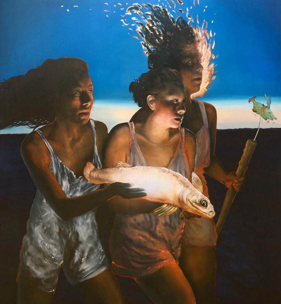 Theo Bargiotas, Glowfish Monster Hunters (terra incognita), oil on canvas, 130 x 120 cm, 2024