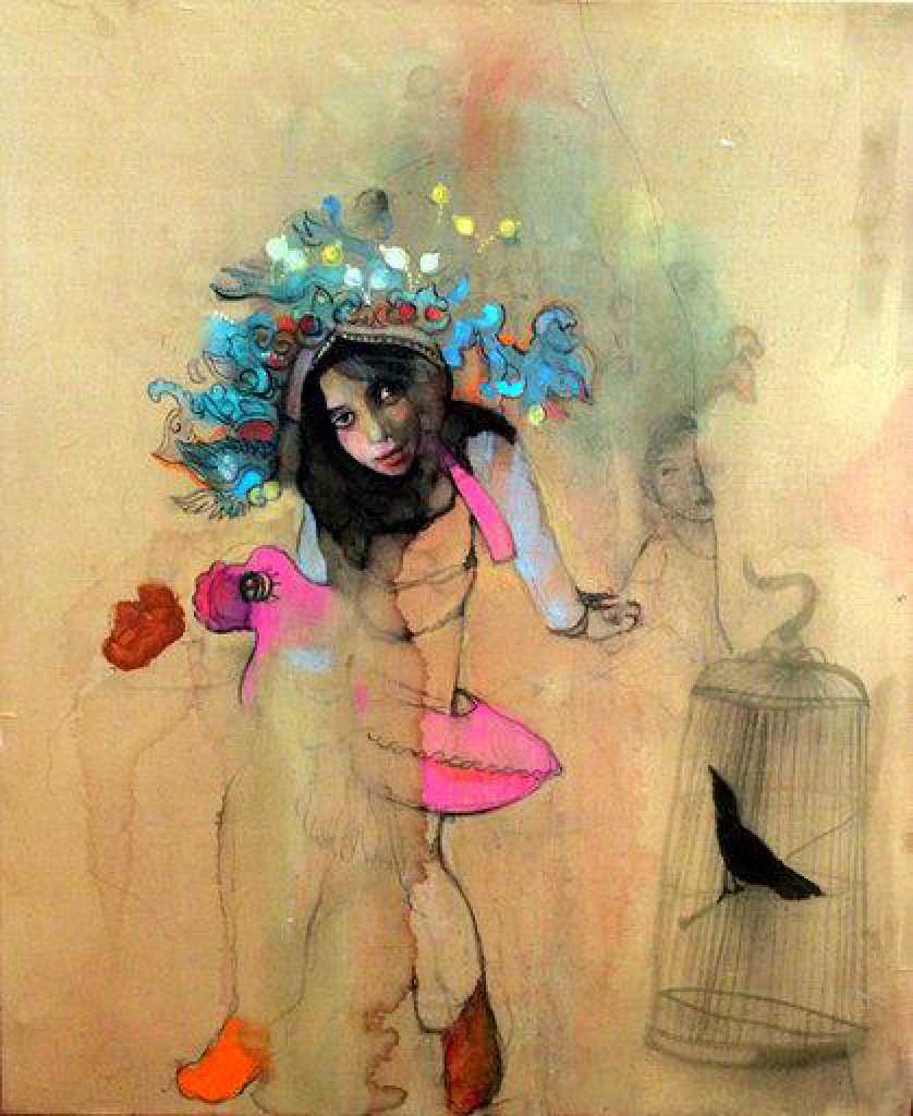 Girl with Cage, ink, colored pencils and pastel on silk mounted on canvas, 50 x 60 cm 2018
